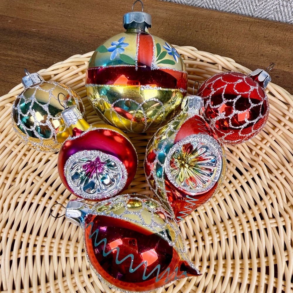 Handblown Glass Christmas Ornaments Lot 6 Reflector Teardrop Glitter MCM Retro